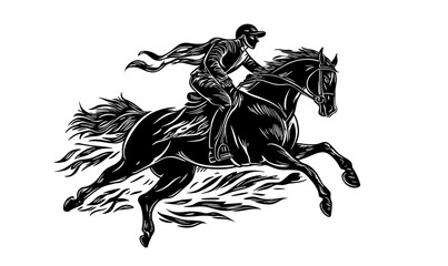 Fototapeta premium Equestrian rider on galloping horse illustration, detailed horseman icons set, vector, linear.