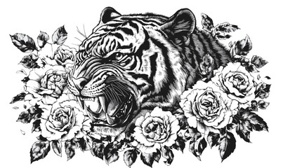 Obraz premium Roaring tiger with roses in monochrome style, linear icons set, vector.