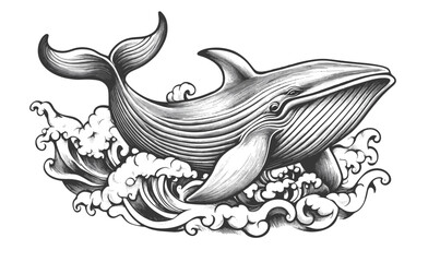 Majestic whale in ocean waves, linear icons set - vector.