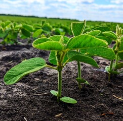 Soybeans. Summer green fields under a changing cloudy sky, the sun, which sometimes appears to illuminate the landscape of soybean crops. Beginning of flowering