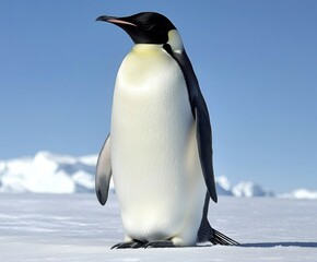Fototapeta premium Regal Emperor Penguin in Antarctic Landscape: Majestic emperor penguin stands proudly on a vast expanse of ice, set against a backdrop of a clear, crisp blue sky and distant snowy mountains.