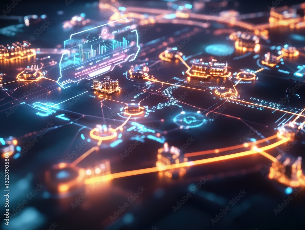 Poster digital network: an intricate, illuminated network of interconnected nodes and pathways glows with v