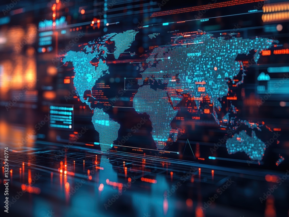 Poster global data flow: a vibrant depiction of a digital world map, symbolizing the intricate web of globa