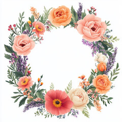 Fototapeta premium beautiful floral wreath featuring roses, poppies, and various greenery, perfect for decoration or invitations. vibrant colors evoke sense of joy and celebration