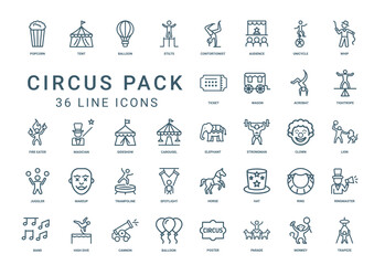 Fototapeta premium circus theme elements performers collection line icons, clown carousel elephant strongman