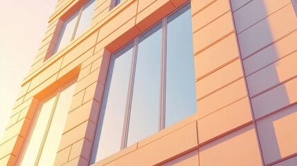 Modern Building Facade at Sunset, Architectural Detail of Peach-Colored Brick and Large Windows