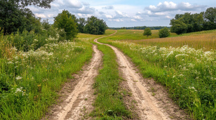 A winding dirt path through a lush green field under a cloudy sky.