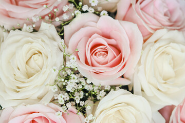 A bouquet of soft pink and white roses, celebrations, gifts for women, and expressing love.  warm, cozy atmosphere and celebrating special moments. soft textures and beautiful floral backgrounds.