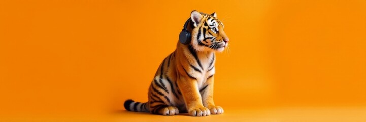 Obraz premium Fluffy tiger sitting quietly with headphones on orange background, tiger, peaceful