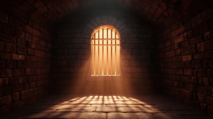 dimly lit prison dungeon with stone walls and barred window casting shadows on floor, evoking sense of confinement and mystery