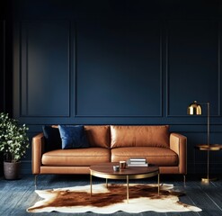 Tan leather sofa in a dark blue room.