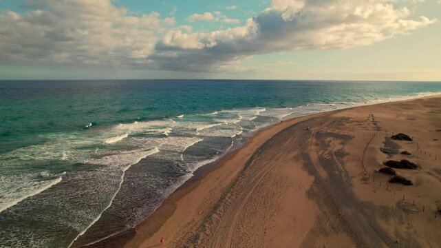 Aerial View of a Vast Sandy Beach and Ocean ,
Gran Canaria, Maspalomas. Dunes