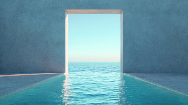 serene water curtain flows through square opening, revealing tranquil ocean view. minimalist design and soft colors evoke sense of calm and peace