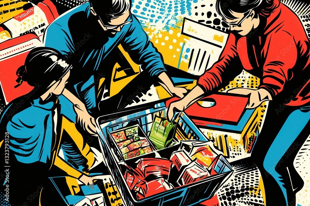 Poster grocery shopping in a virtual environment with comic book flair showcasing selection, cart addition,