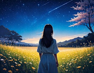 Fototapeta premium 空を見る少女のシルエット 後ろ姿 自然 夜