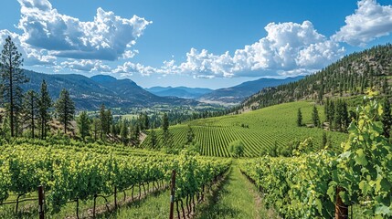 Fototapeta premium Scenic vineyard landscape with lush green rows, mountains in the background, and blue skies