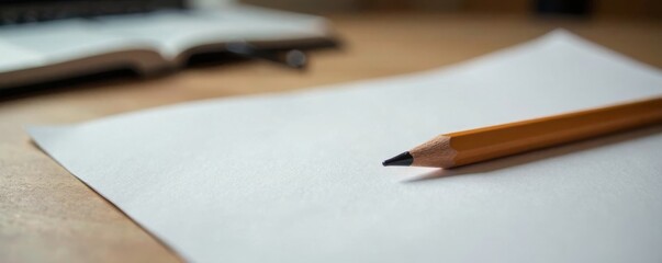 Simple wooden pencil on a desk with an open book and paper, learning, back to school