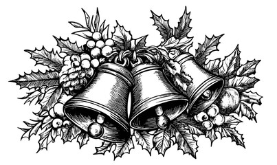 Holiday bells with holly leaves and berries vector, linear icons set.