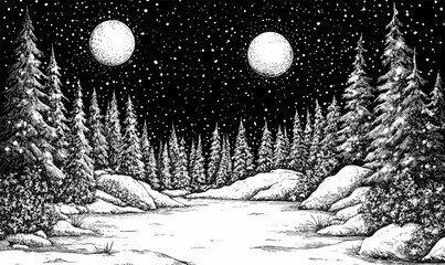 Serene snowy forest night with two moons, flat icons set, vector.