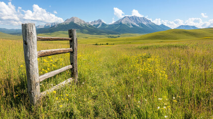 Serene landscape with mountains and a wooden fence in a grassy field.