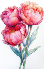 Vibrant pink peonies with delicate petals and green leaves, showcasing beauty and elegance. Perfect for floral designs and art