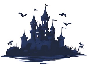 Dark castle silhouette on island.