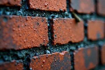 Close-up of dripping water on rugged brick wall, water flow, NYC