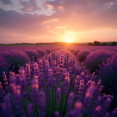 Naklejka premium Tranquil Lavender Sunset: A Stunning View of Purple Blooms Glowing in the Soft Golden Hour Light Across the Horizon