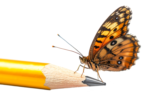 The butterfly landed on the pencil isolated on a white background PNG. AI GENERATED