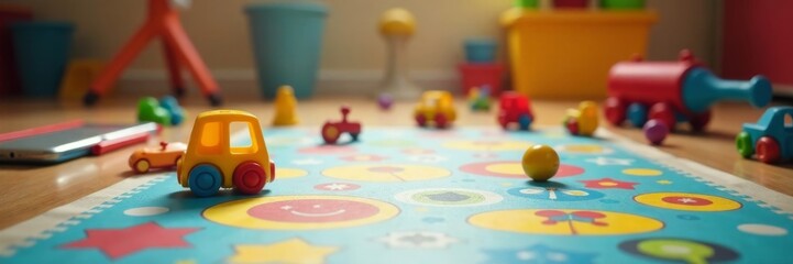 Colorful toys scattered on the floor, surrounded by a blurred playmat and art supplies, playthings, childhood