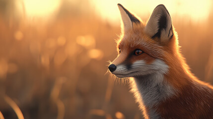 Obraz premium highly detailed red fox in warm, golden field, showcasing its expressive features and vibrant fur. serene atmosphere evokes sense of calm and beauty