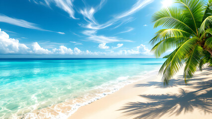 Pristine Tropical Beach with Crystal Clear Waters, Palm Trees, and Serene Blue Sky – Idyllic Vacation Paradise