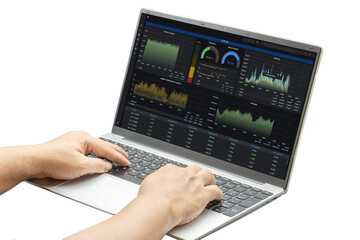 Engineer analyzes air quality data using laptop monitor