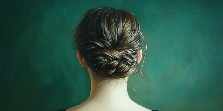 Elegant Updo: The back of a woman's head, with an elegant updo hairstyle, set against a serene backdrop of blended green tones.