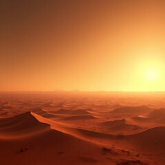 Naklejka premium Desert Landscape Endless Sand Dunes Golden Hour Light Warm Orange Tones Hazy Atmosphere Desolate Beauty Sahara Inspired Otherworldly Terrain Sun Baked Earth