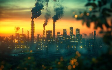Fototapeta premium Industrial sunset, pollution, cityscape