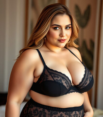 Fototapeta premium Attractive Plus Size Big boobs Woman in Sexy Lingerie. Portrait of Young Beautiful Sexy Woman. Model with Plus Size Boobs,
