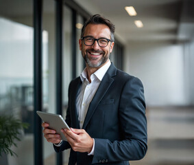 Fototapeta premium A smiling man wearing a suit and glasses, holding a tablet. He stands in an offices area 