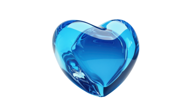 Blue crystal heart rotating on transparent background