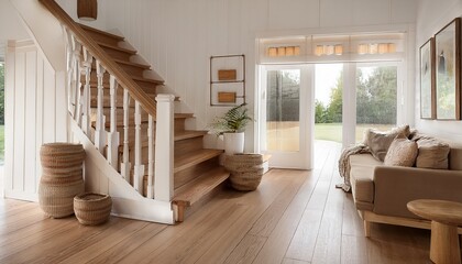  Warm & Inviting Farmhouse Sitting Area with Staircase View – A cozy farmhouse-inspired livin