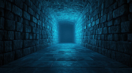 dark dungeon corridor with stone walls and glowing blue light at end creates mysterious atmosphere. straight camera angle emphasizes depth and eerie ambiance