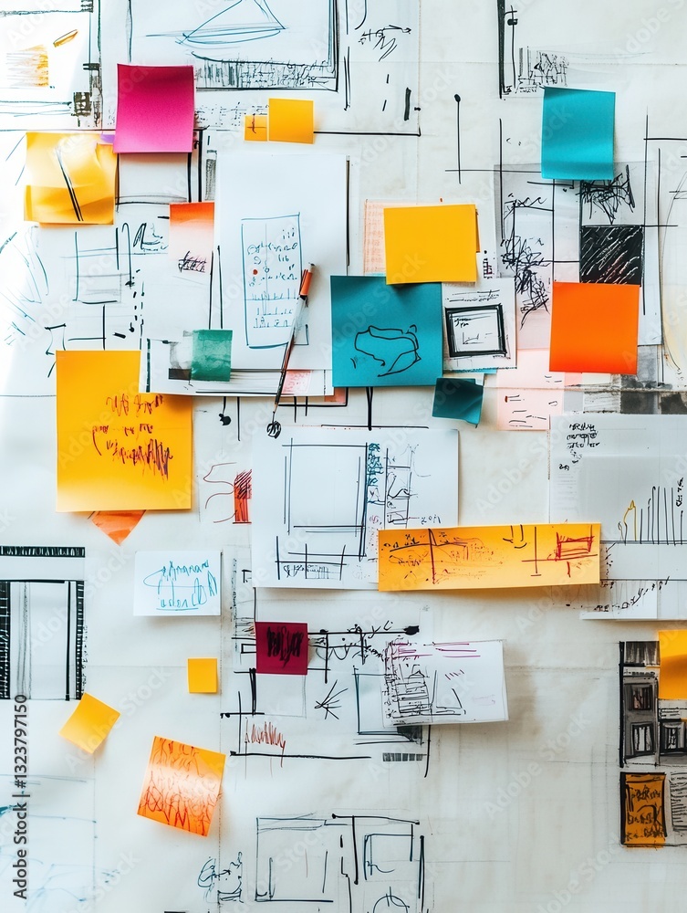 Fototapete Creative brainstorming session with scattered sticky notes and sketches in an inspiring workspace