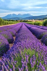 Naklejka premium A photo of blooming lavender fields under a blue sky