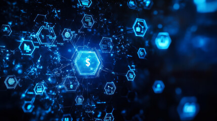 Visual representation of digital finance and blockchain technology focusing on interconnected data points at a futuristic setting