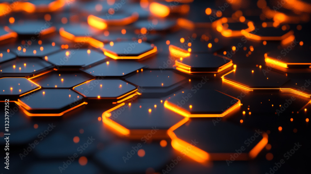Poster intricate hexagonal pattern with glowing orange lines on a dark surface during nighttime