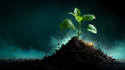 Verdant seedlings pushing up through the ground entwined with a throbbing technological matrix