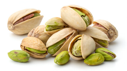 A heap of tasty pistachio nuts, some in shells and some shelled, isolated on a white background.