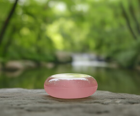 polished rose quartz crystal in a pointed tower shape, placed on a rock in a natural outdoor setting.
