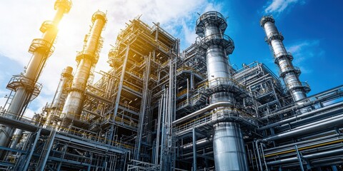 Industrial Power: A large-scale industrial plant with towering structures, intricate pipes, and gleaming metal surfaces against a backdrop of a vivid blue sky. 