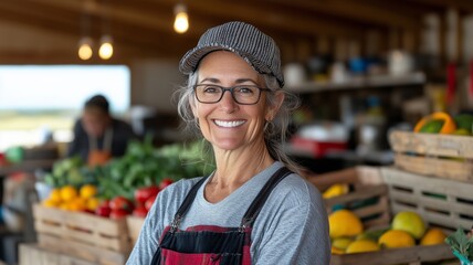 Obraz premium Mature caucasian female farmer smiling at market with fresh vegetables and fruits